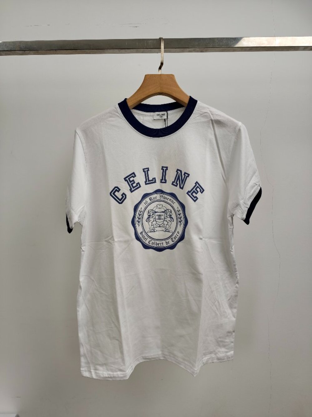 Celine Unisex White Navy Graphic Ringer T‑Shirt